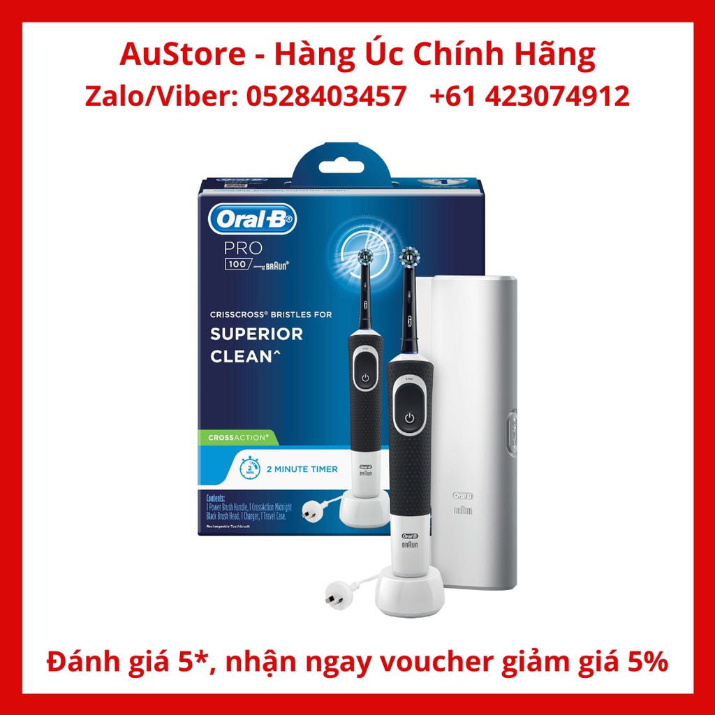 [Hàng Úc, đủ bill] Bàn chải đánh răng điện Oral-B Pro 100 Cross Action, giúp ngăn ngừa răng bị ố vàn