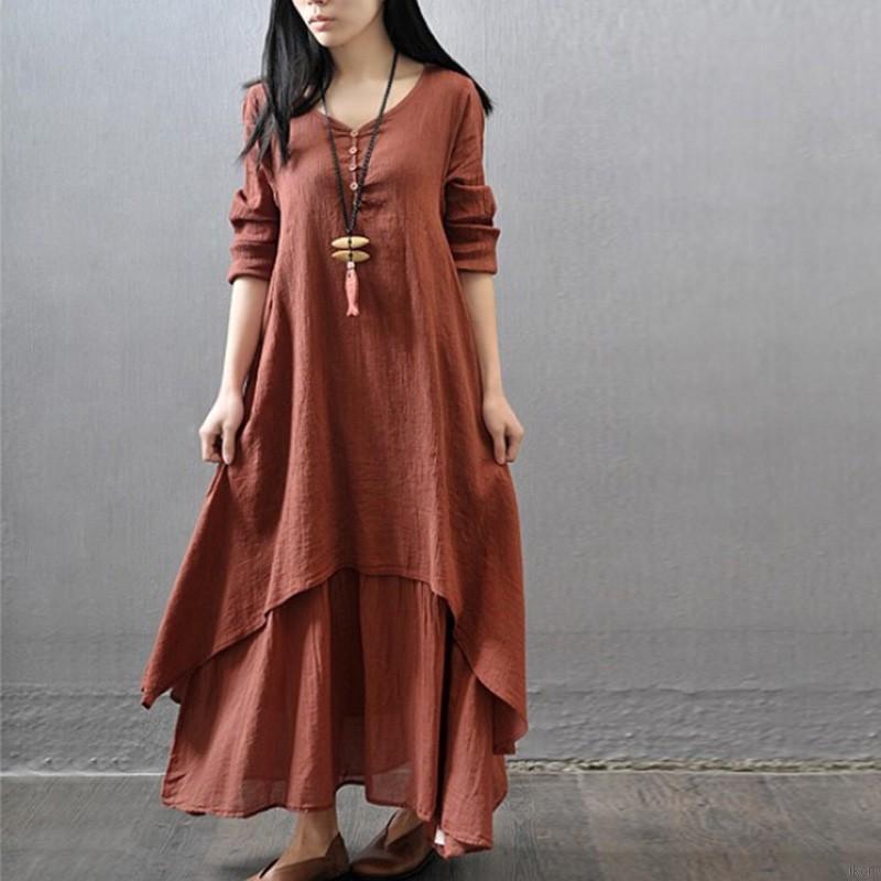 Đầm Bầu Dài Vải Lanh Màu Trơn Phong Cách Retro