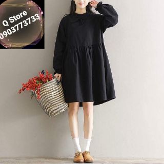 Đầm babydoll đen cổ nơ nút sau