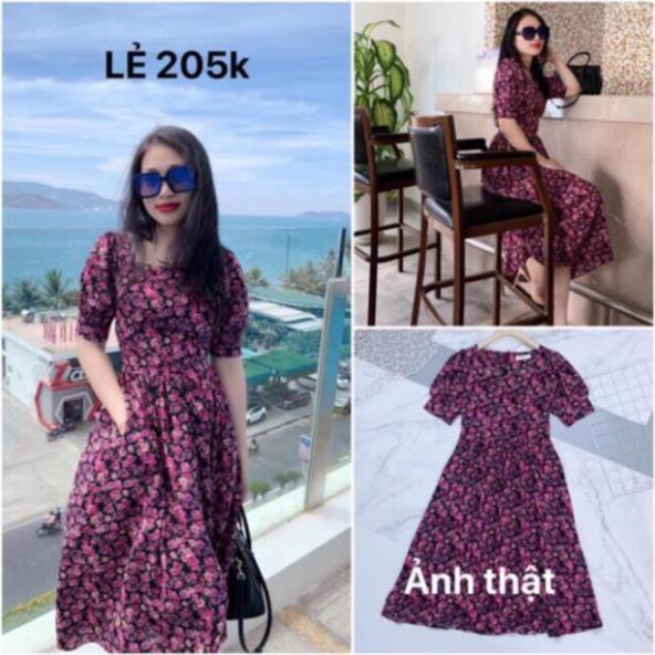 Bán sỉ Đầm hoa tím cổ vuông dáng xòe siêu xinh hàng loại đẹp