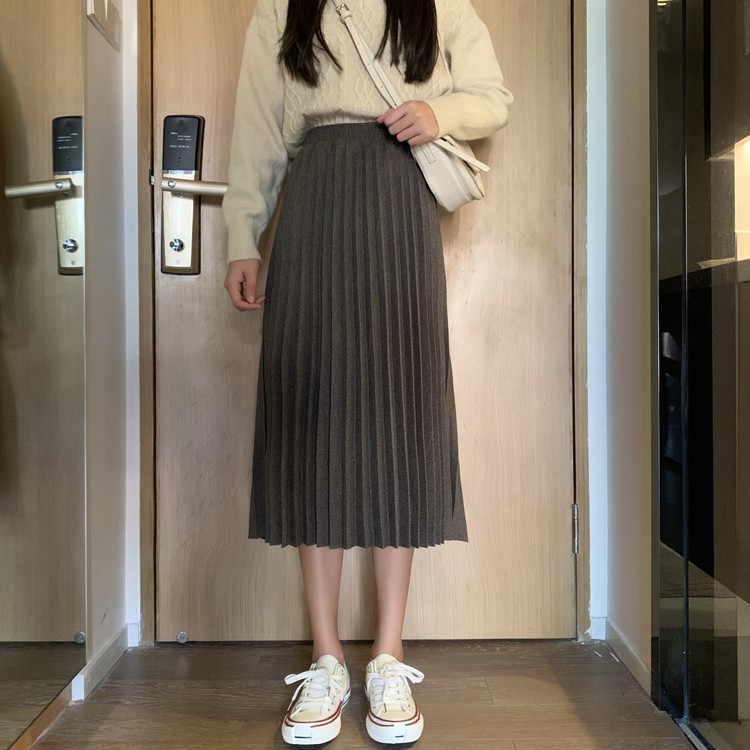 Sẵn chân váy dạ xếp ly muối tiêu màu nâu tây ulzzang Hàn Quốc
