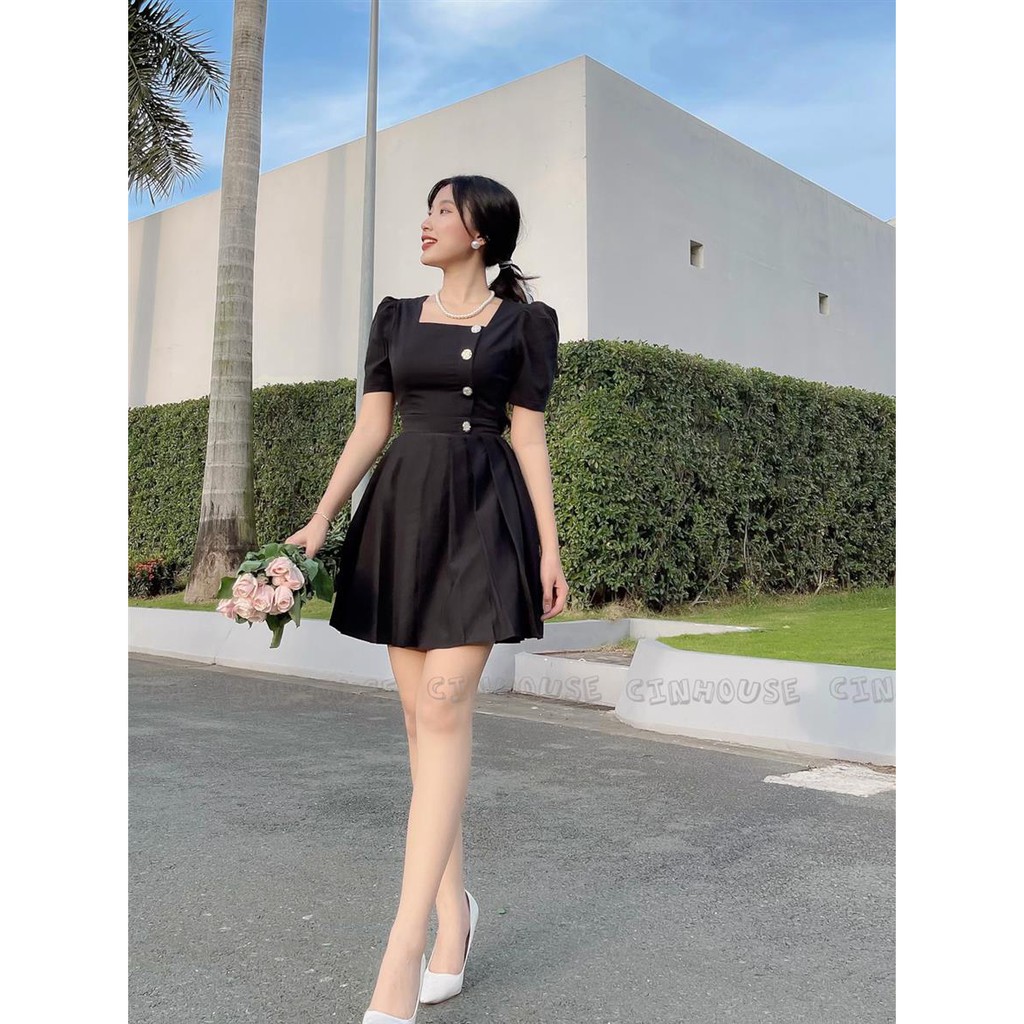 Đầm xòe dập ly Julie 0088 cổ vuông đính nút CIN HOUSE