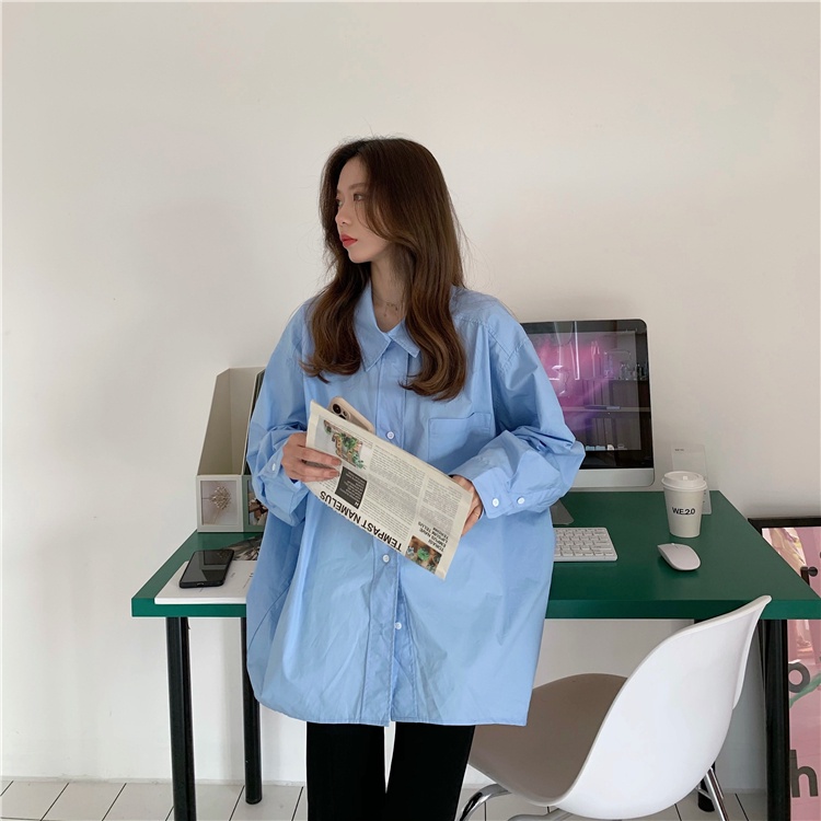 Áo sơ mi tay dài dáng rộng màu trắng/ xanh dương tùy chọn phong cách Hàn Quốc thời trang mùa thu cho nữ