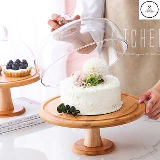 Khay đựng,chụp bánh kem thủy tinh Borosilicate chân cao kèm khay gỗ tre cao cấp.