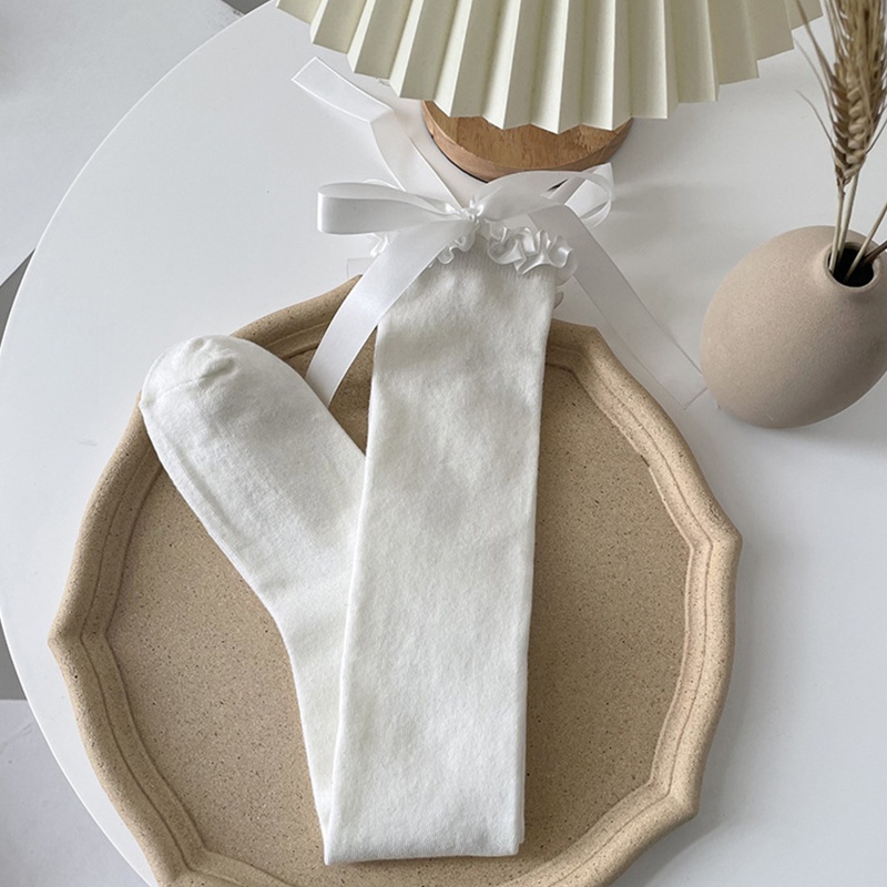 Tất cao đến đùi bằng Satin có diềm xếp nếp đính nơ ruy băng phong cách Lolita Harajuku cho nữ dùng Cosplay