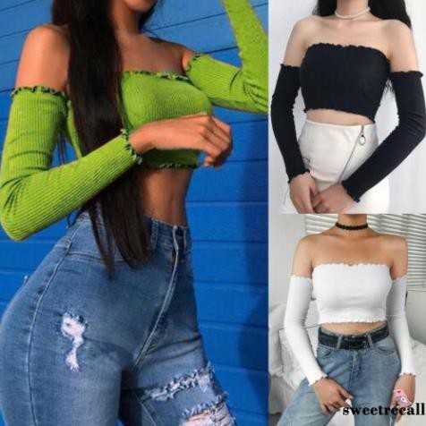 Áo thun croptop trễ vai tay dài gợi cảm hợp thời trang cho nữ . .