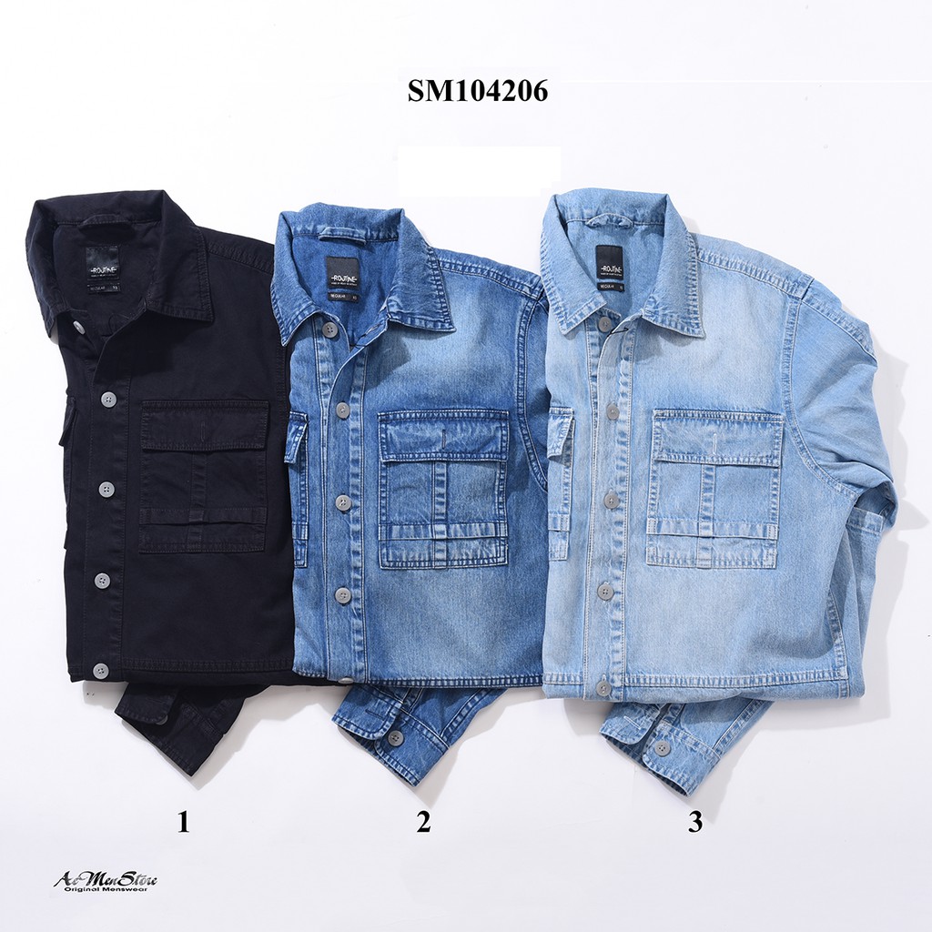 Áo sơ mi DENIM nam fom rộng dài tay cổ bẻ túi ngực ROUTINE SM1042062