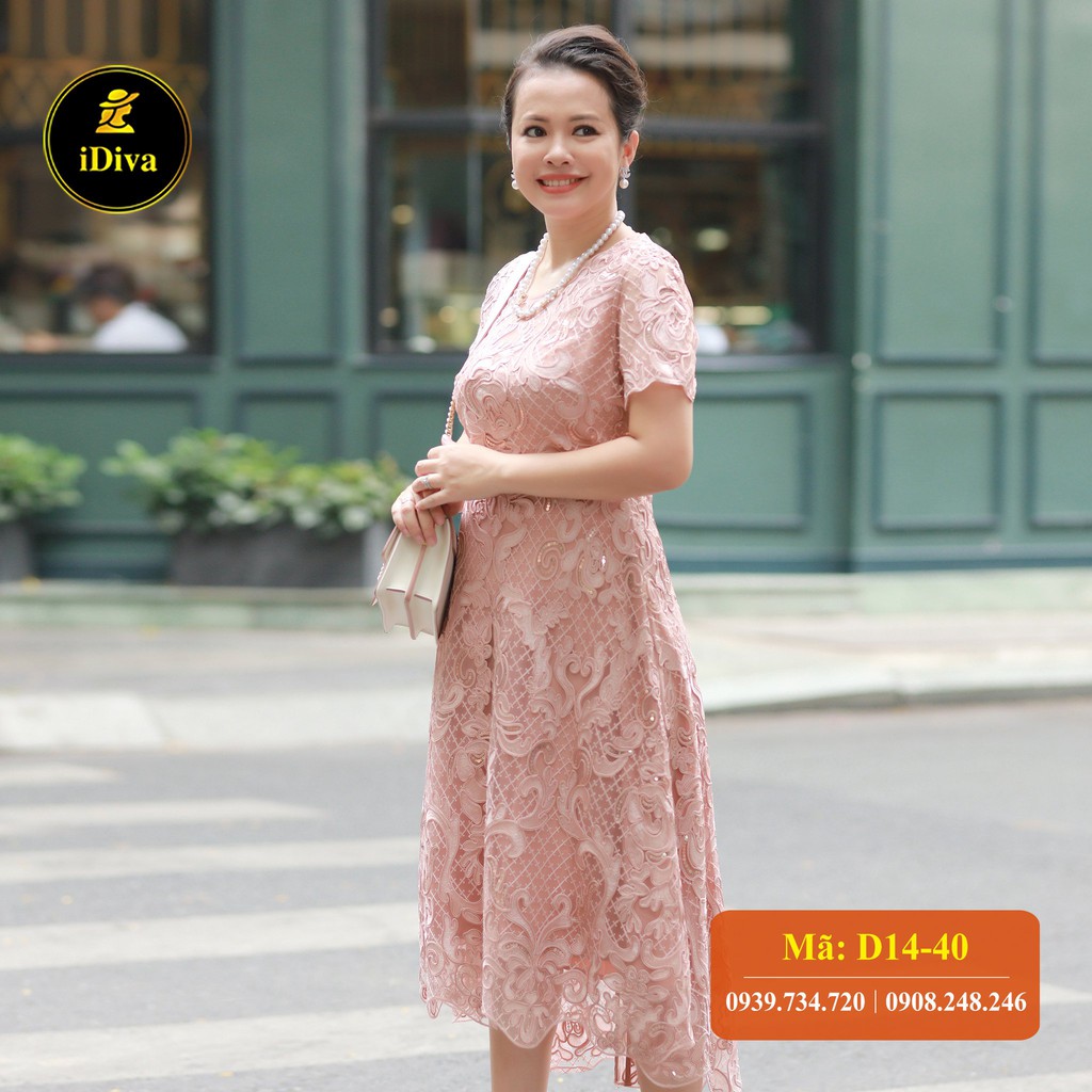 Đầm trung niên cao cấp iDiva D14-40 ren thêu nổi 3D ,dáng xòe bigsize phù hợp u50 dự tiệc sang trọng