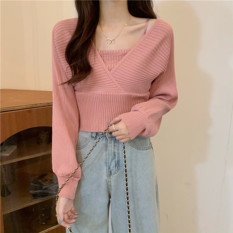 Áo Thun Tay Dài Giả Hai Mảnh Dáng Ngắn Lưng Cao Màu Đen Thời Trang Mùa Thu Hàng Mới 2021 Dành Cho Bạn Nữ