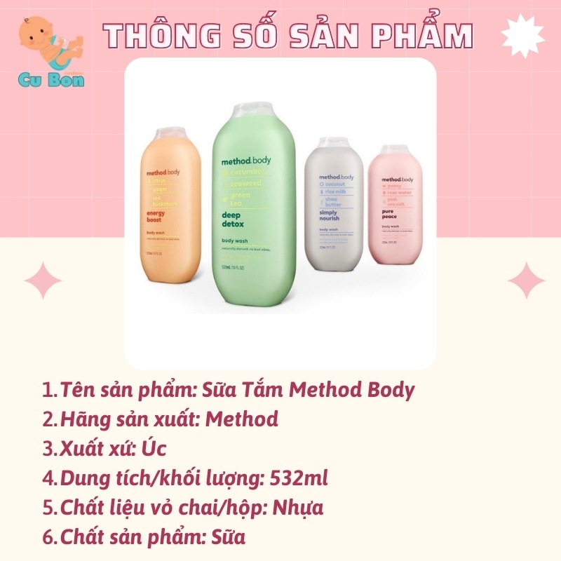 Sữa Tắm Method Body hương nước hoa 532ml Dưỡng Ẩm Và Làm Trắng Da đem lại làn da mịn màng của úc