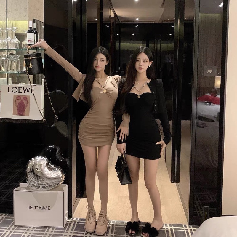 Set Váy Hai Dây Kèm Áo Khoác Ngoài Tay Dài Cho Mùa Thu Đông Siêu Sang Chất Cotton D1791