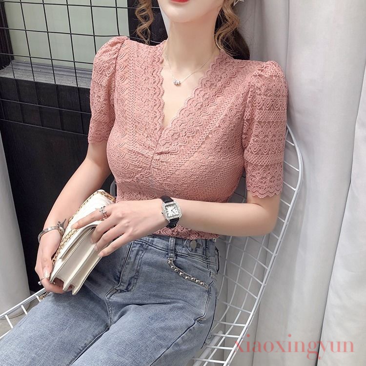 Áo ren tay ngắn cổ V màu trơn hợp thời trang cho nữ
