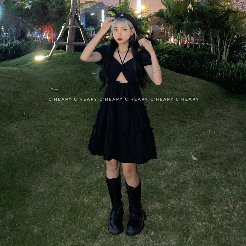 Đầm babydoll tiểu thư, váy nữ sang chảnh rút dây khoét eo ullzang _Rosyhana