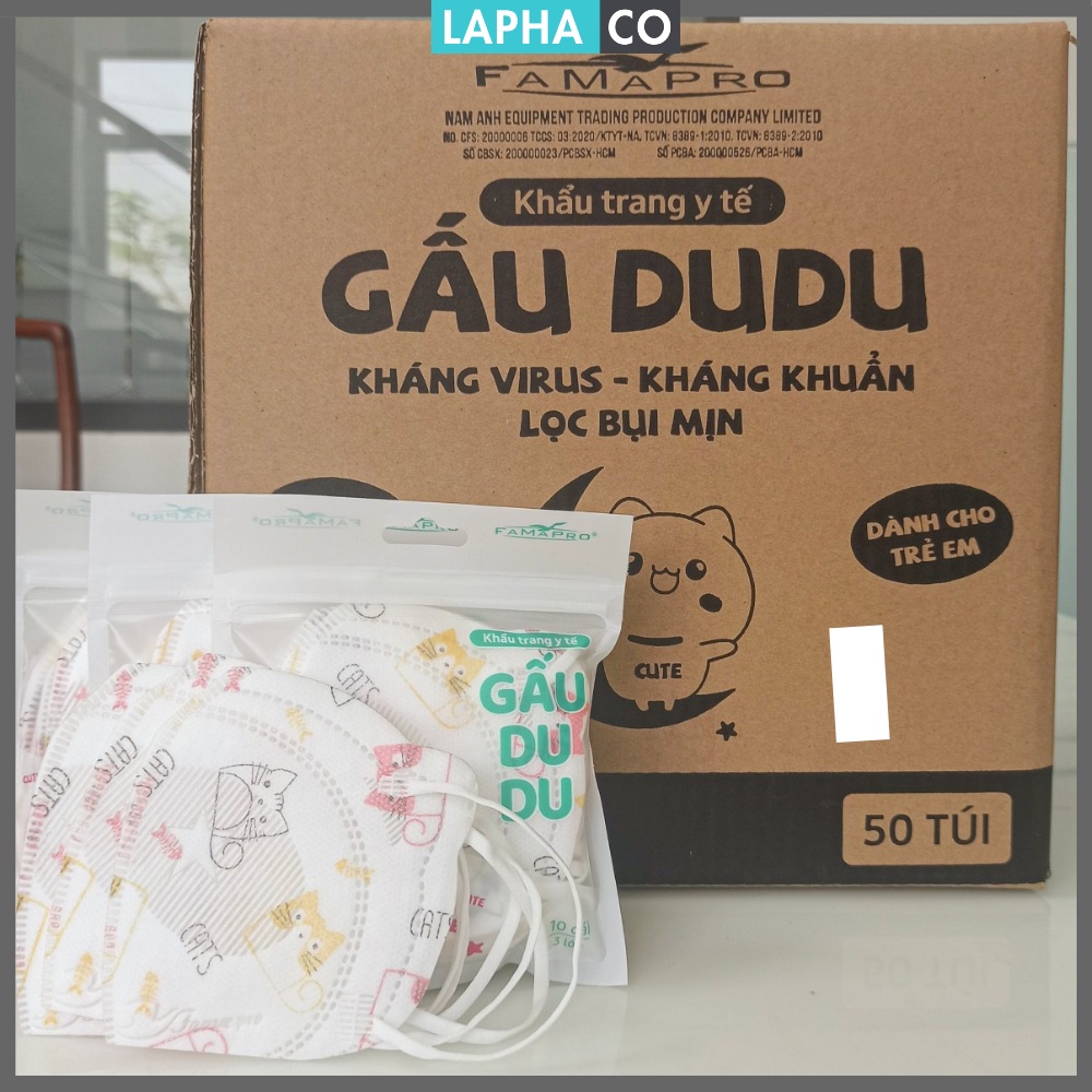 [ GẤU DU DU NAM ANH - COMBO 5 TÚI - 50CÁI] Khẩu trang trẻ em 3d Gấu Du Du Famapro Kháng giọt bắn, Kháng khuẩn