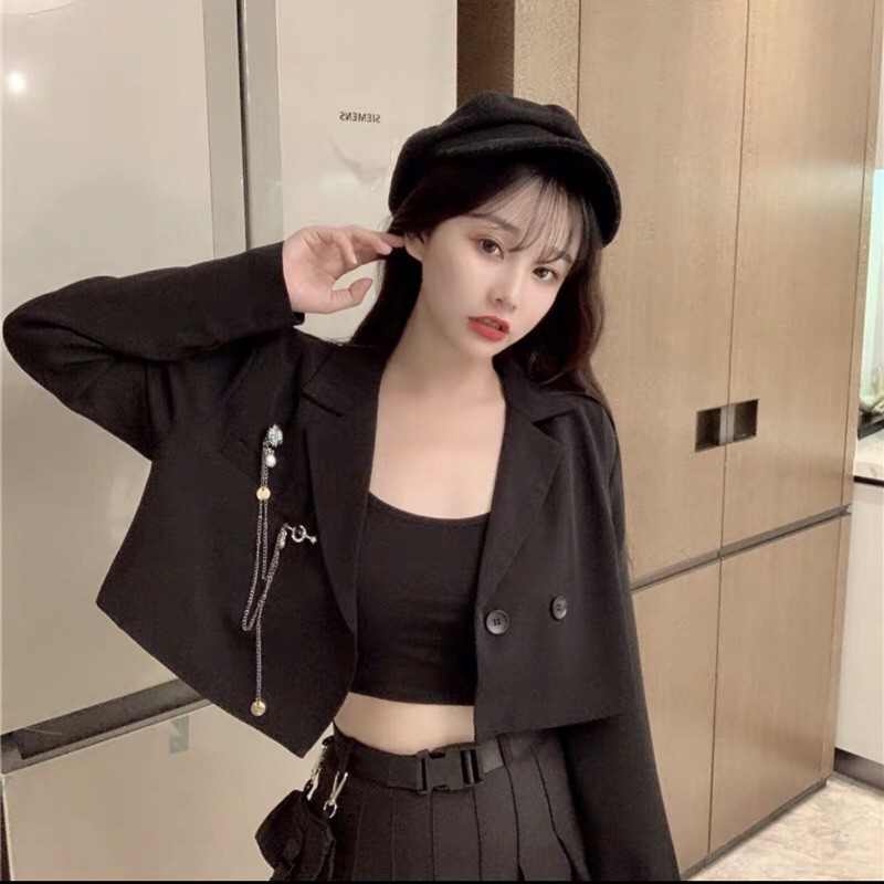 🦋 ÁO VEST CROPTOP TAY DÀI 2 lớp⚡️ áo vest lửng nữ