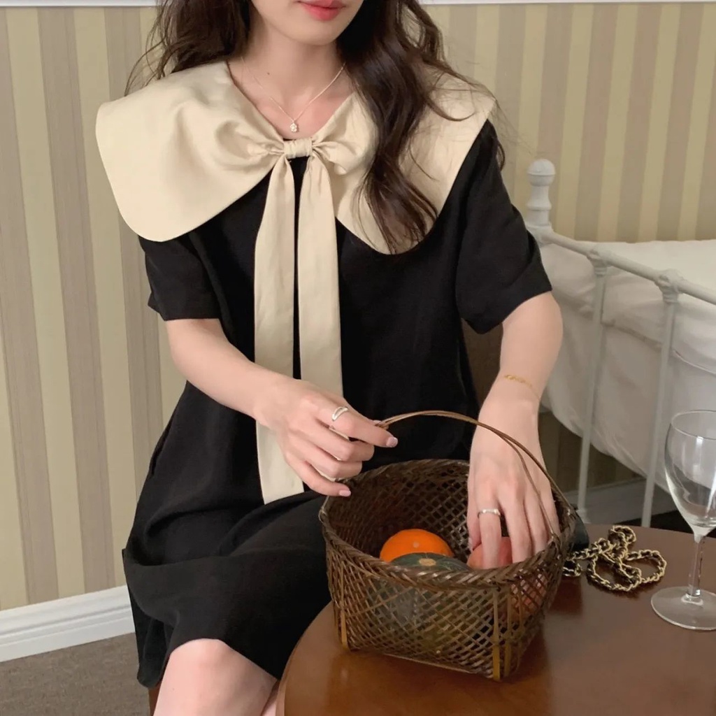 Đầm Ngắn Tay Cổ Búp Bê Phối Nơ Xinh Xắn Theo Phong Cách Mùa Hè Dành Cho Nữ