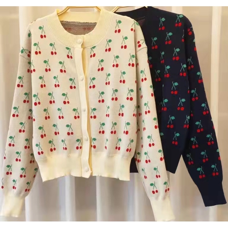 Áo khoác cardigan dệt kim in hình quả cherry ngọt ngào thời trang mùa thu