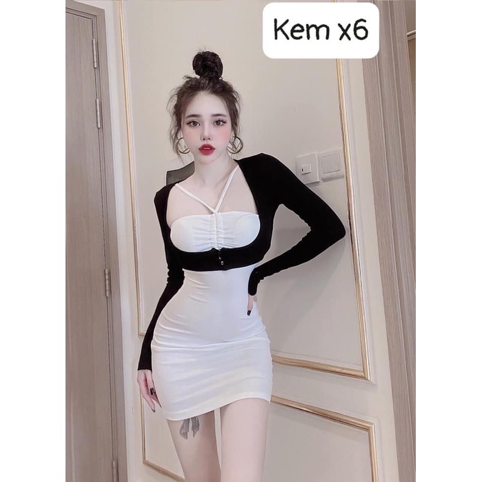 Set đầm dây rút ngực có mút kèm áo khoác chất thun borip thích hợp mặc đi làm đi chơi phù hợp với mọi phong cách