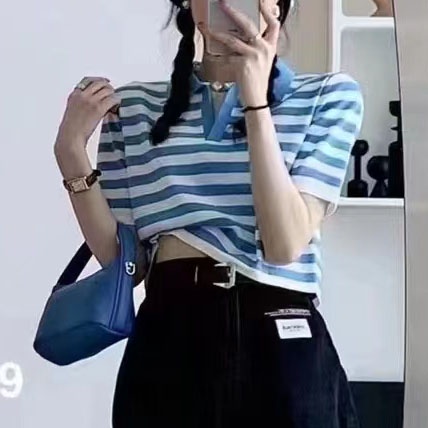 Áo thun polo NZN ngắn tay ôm dáng họa tiết kẻ sọc thời trang mùa hè phong cách Hàn Quốc cho nữ