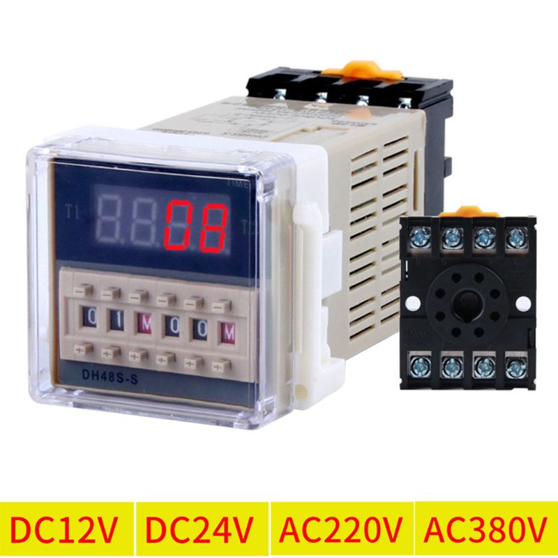 Rơ le thời gian kỹ thuật số DH48S-S có thể lập trình thời gian trễ kép với đế ổ cắm DC 12V 24V AC 220V 380V