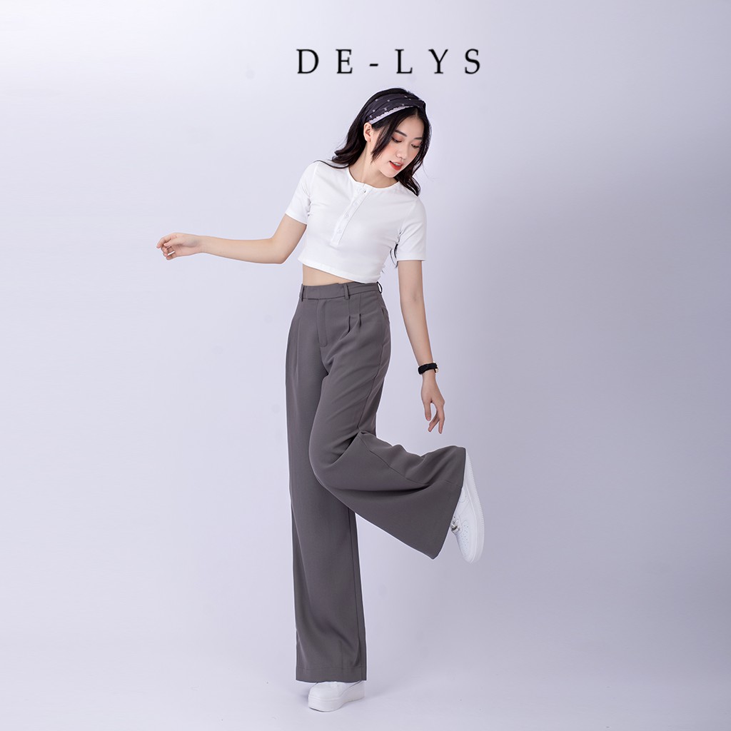 Quần ống rộng nữ lưng cao Delys quần suông xám ghi đá vải tuyết mưa mềm
