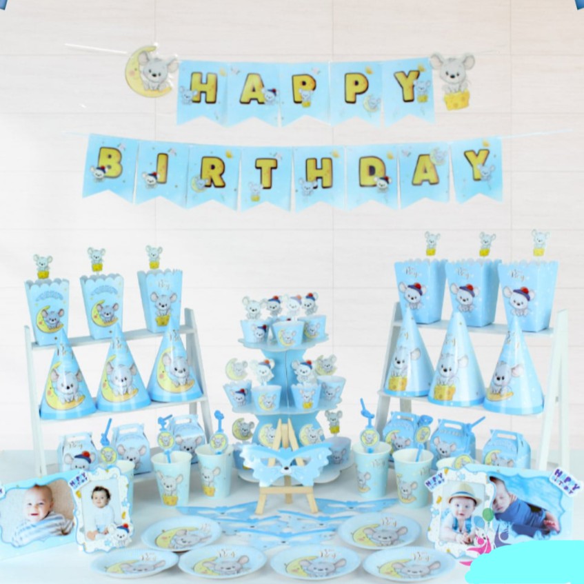 Set trang trí thôi nôi sinh nhật bé Chuột con set phụ kiện giấy trang trí bàn tiệc