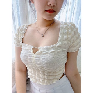 Áo kiểu xốp croptop cổ vuông đính xích cổ cực hot , chất thun xốp quảng châu cực hot  na