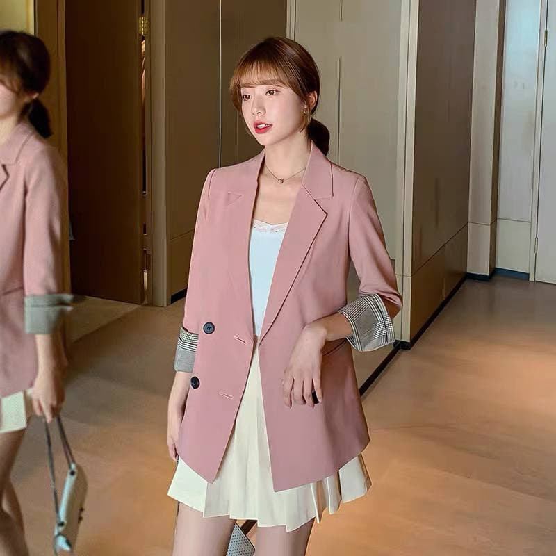 Áo Blazer màu hồng cổ tay caro chất vải cao cấp TN1318-H