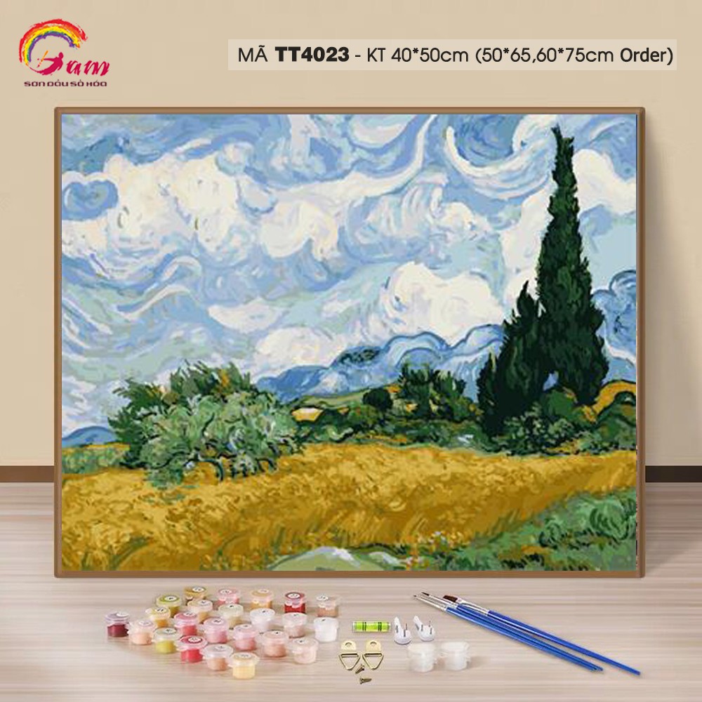 Tranh sơn dầu số hóa tự tô màu Gam trừu tượng Van gogh Đồng lúa mì và cây bách TT4023