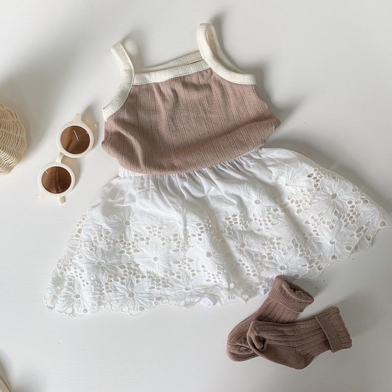 Set chân váy thô thêu kèm áo cotton gân xuất Hàn