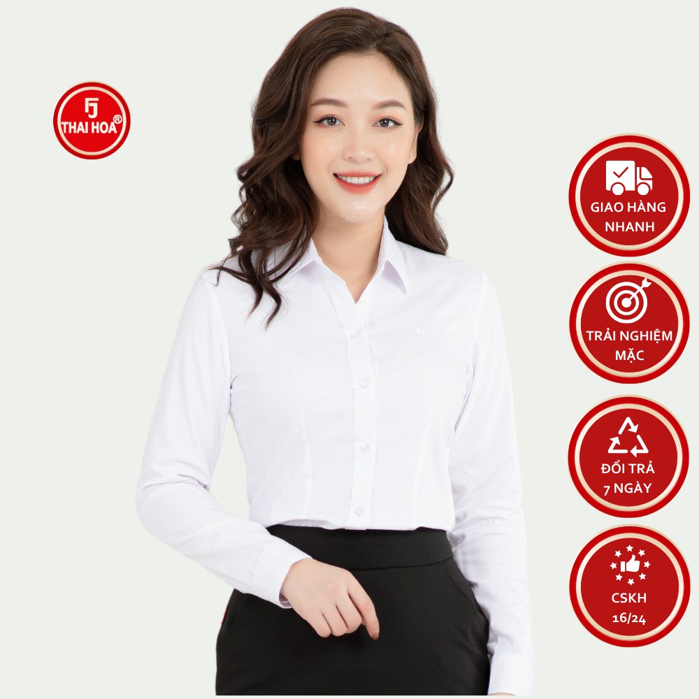 Áo sơ mi nữ công sở dài tay Thái Hòa 631-30-01 trắng vải cotton kẻ tăm caro