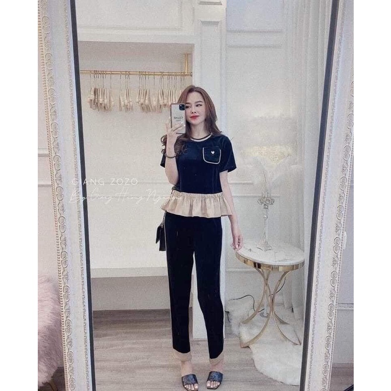 Set đồ bộ nhung pha viền bèo nâu cộc tay