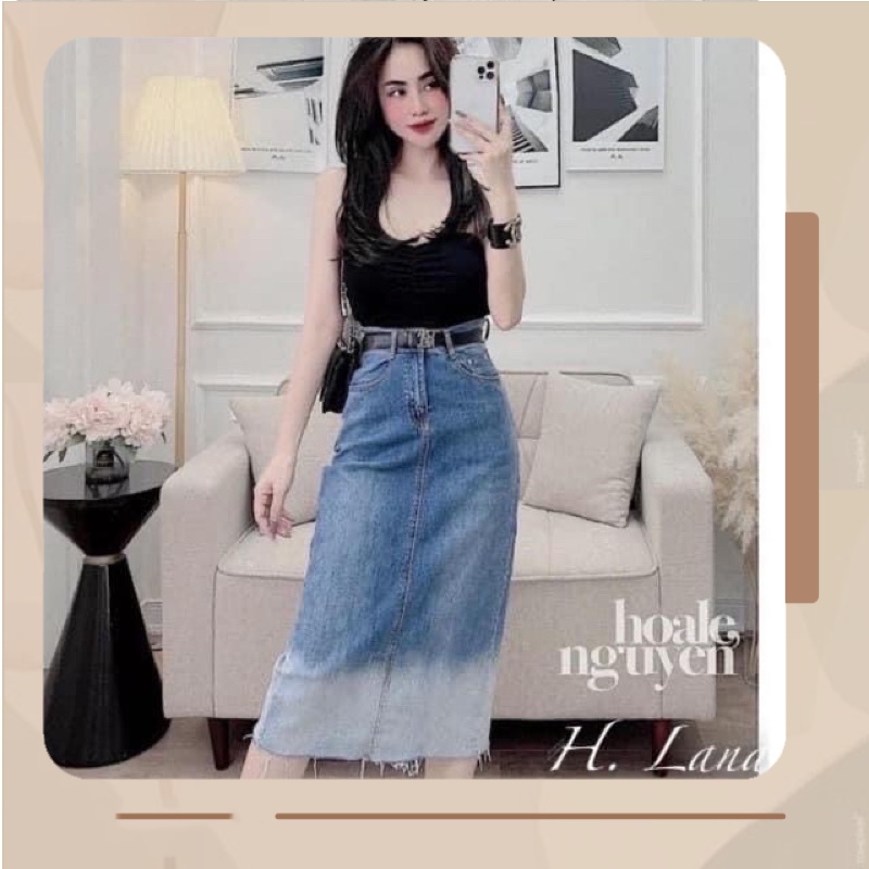 CV53 - CHÂN VÁY JEANS XANH LOANG DÁNG DÀI XẺ BÊN M088