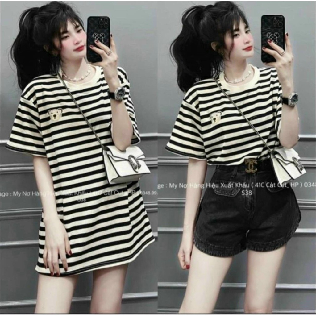 Ao phong thun nữ fom rông giấu quần hàng quảng châu thiết kế sọc ngang thêu hình gấu cưng xĩu hàng cao cấp