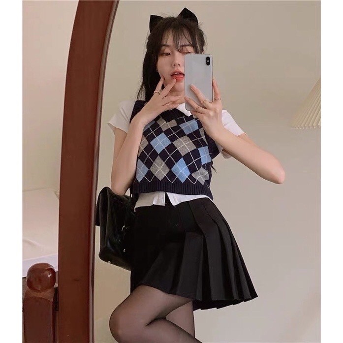 Áo gile len nữ dáng croptop họa tiết caro phong cách Ulzzang siêu xinh - 4BASIC Len03 | BigBuy360 - bigbuy360.vn