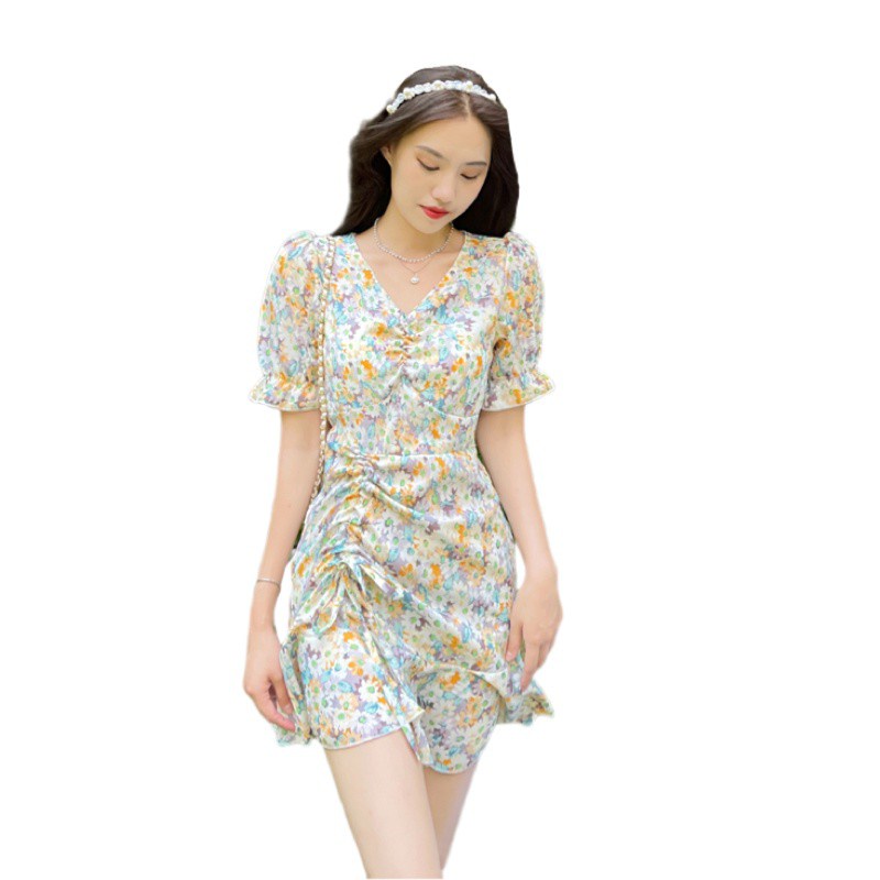 Đầm tay ngắn hoạ tiết hoa phong cách Hàn Quốc cho phái nữ