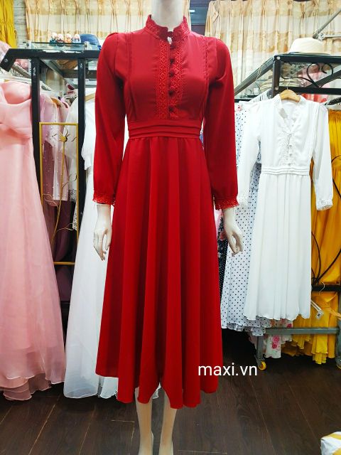 Đầm maxi cổ V đính nút mặc được 2 kiểu tay ngắn dài | BigBuy360 - bigbuy360.vn