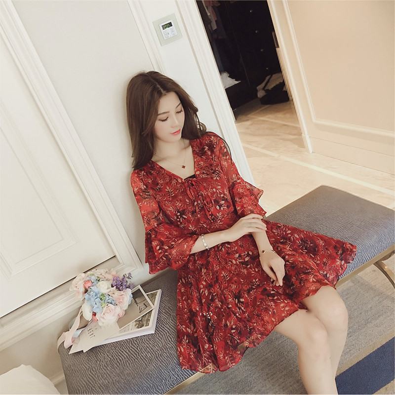 Đầm Chiffon Tay Loe Cổ Chữ V In Hoa Phong Cách Hàn Quốc Thời Trang Xuân Hè Hàng Mới Dành Cho Bạn Nữ