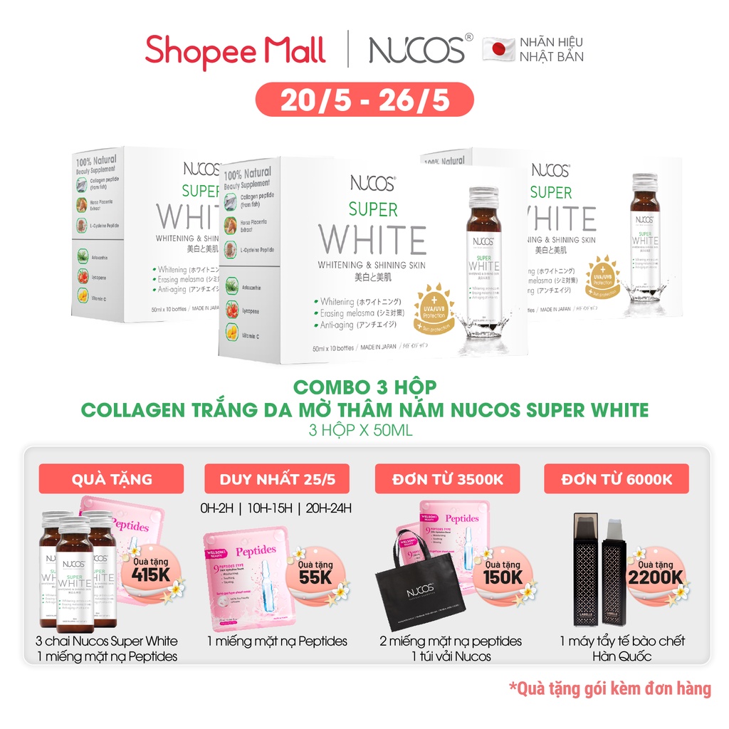 Combo 3 Hộp Collagen trắng da mờ thâm nám Nucos Super White 3x50mlx10chai