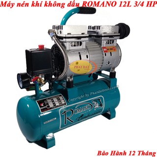 Máy Nén Khí 12L ROMANO Không Dầu Giảm Âm-Tặng Kèm Dây Xoắn Hơi+Súng Xì Khô