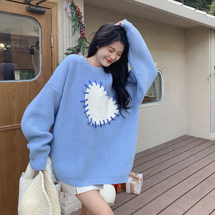 Áo Sweater Dệt Kim Cổ Tròn Dáng Rộng In Hình Trái Tim Xinh Xắn Cho Nữ