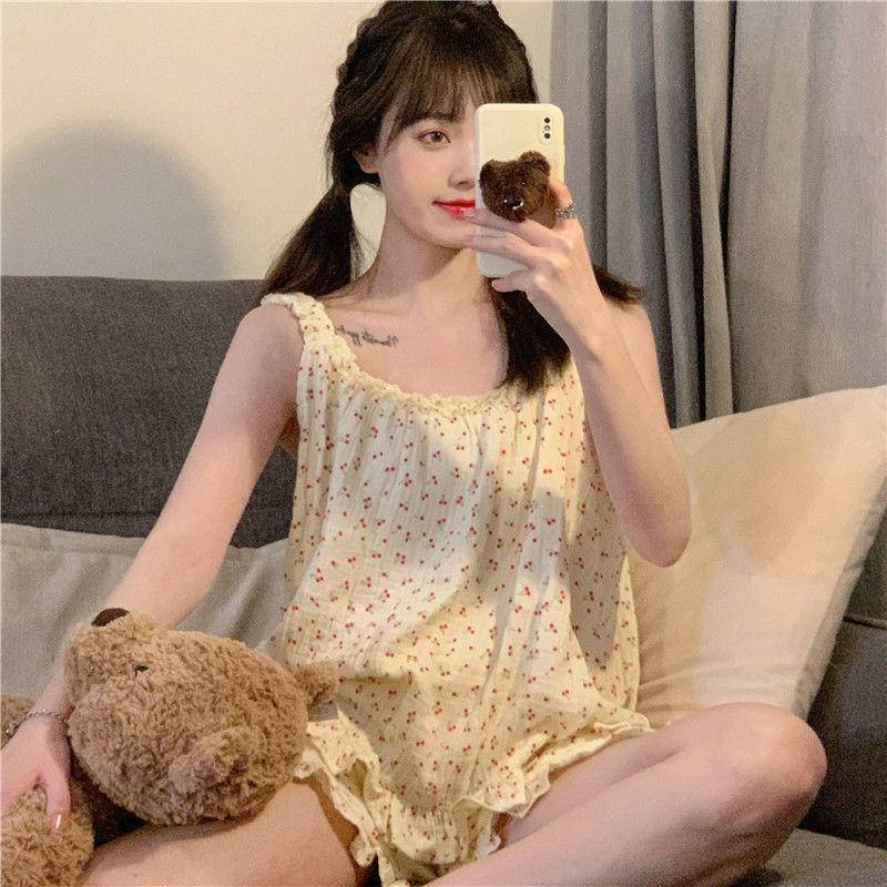 Có Bigsize Bộ Pijama Hai Dây Dễ Thương Vải Đũi Cực Mát