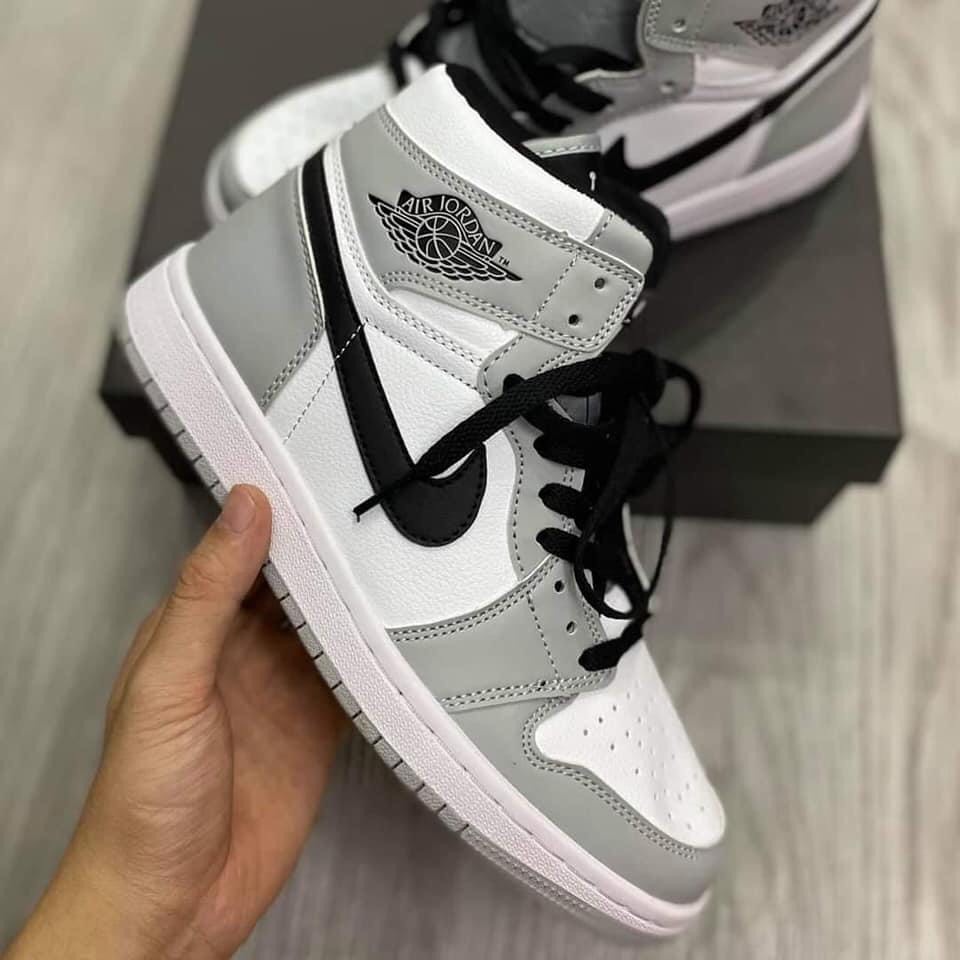 Giày thể thao nam nữ jordan cổ cao xám trắng, Giày sneaker jodan xám cao cổ móc đen jd smoke grey 𝐒𝐢ê𝐮 𝐑ẻ cao cấp