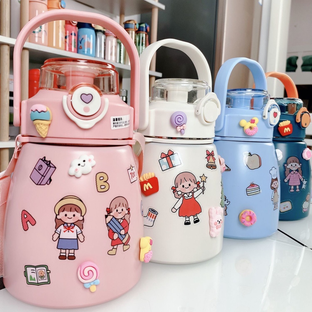 Bình giữ nhiệt 1000ml có ống hút lõi inox 304 giữ nhiệt 12h tặng Sticker trang trí siêu dễ thương