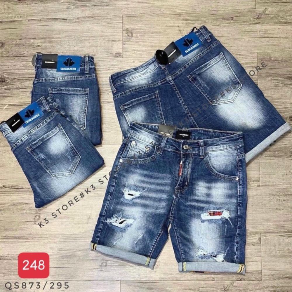 Quần short jean nam, quần lững nam, quần bò nam ngắn, quần sọt nam màu xanh rách thêu chữ đẹp 2021 QJNA248 Đẹp