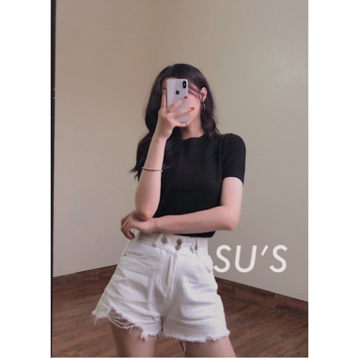 Áo len gân trơn cổ tròn , Áo len tăm ngắn tay kiểu Hàn Quốc | BigBuy360 - bigbuy360.vn