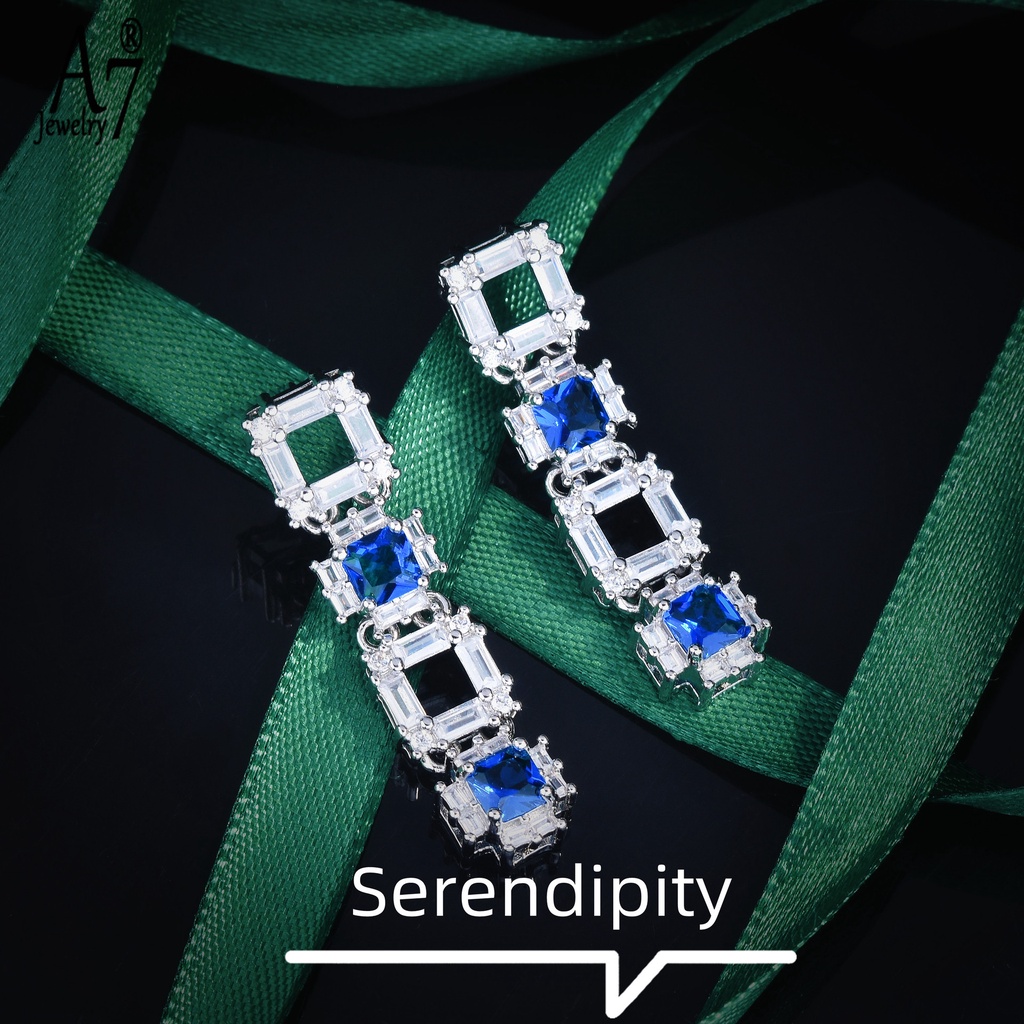 A7| Bông Tai Mạ Bạc 925 Dáng Dài Họa Tiết Hình Học Màu Xanh Dương / Trắng Thời Trang Sang Trọng X4Y59