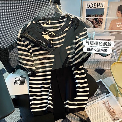 Áo Thun Dệt Kim Tay Ngắn Họa Tiết Kẻ Sọc Thời Trang Mùa Hè Xinh Xắn Cho Nữ