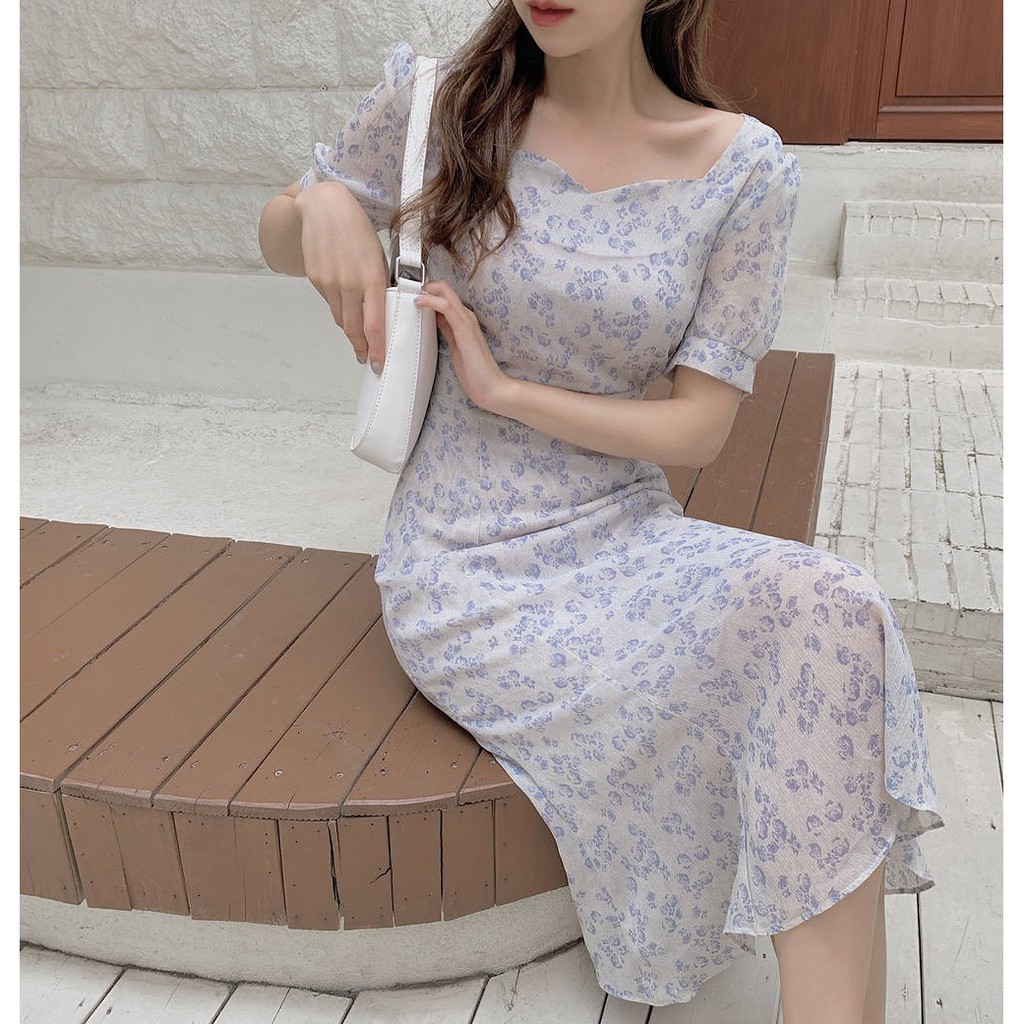 Đầm Voan Hoa Cổ Vuông Thắt Dây Thời Trang Mùa Hè Hàn Quốc Mới 44662