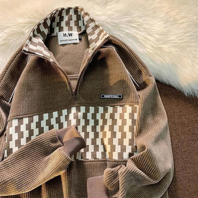 Áo Khoác polo Dáng Rộng Cổ Bẻ Có Khóa Kéo Nửa Hình Waffle Mỹ Mùa Thu Cho Nam Và Nữ
